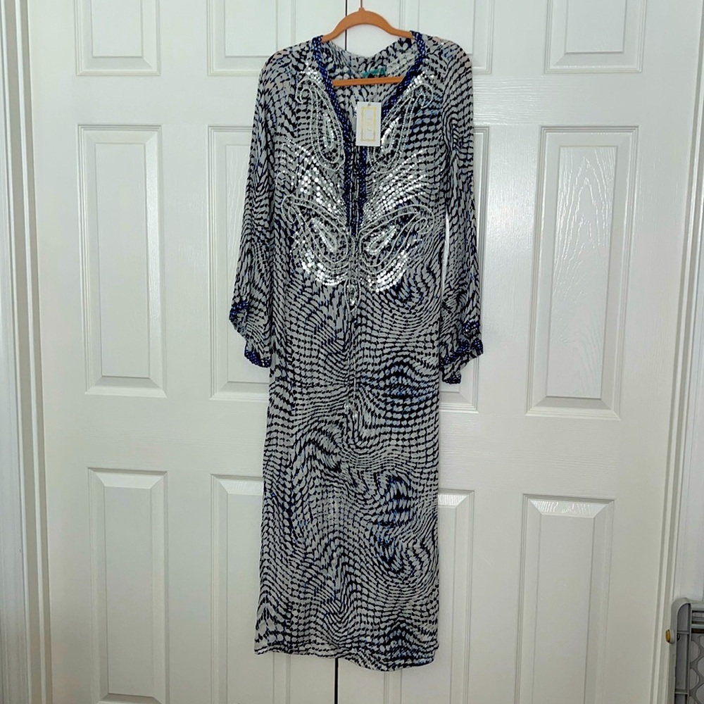 XS cover up by Sabrina Crippa. Long blues and purple beads on bodice.